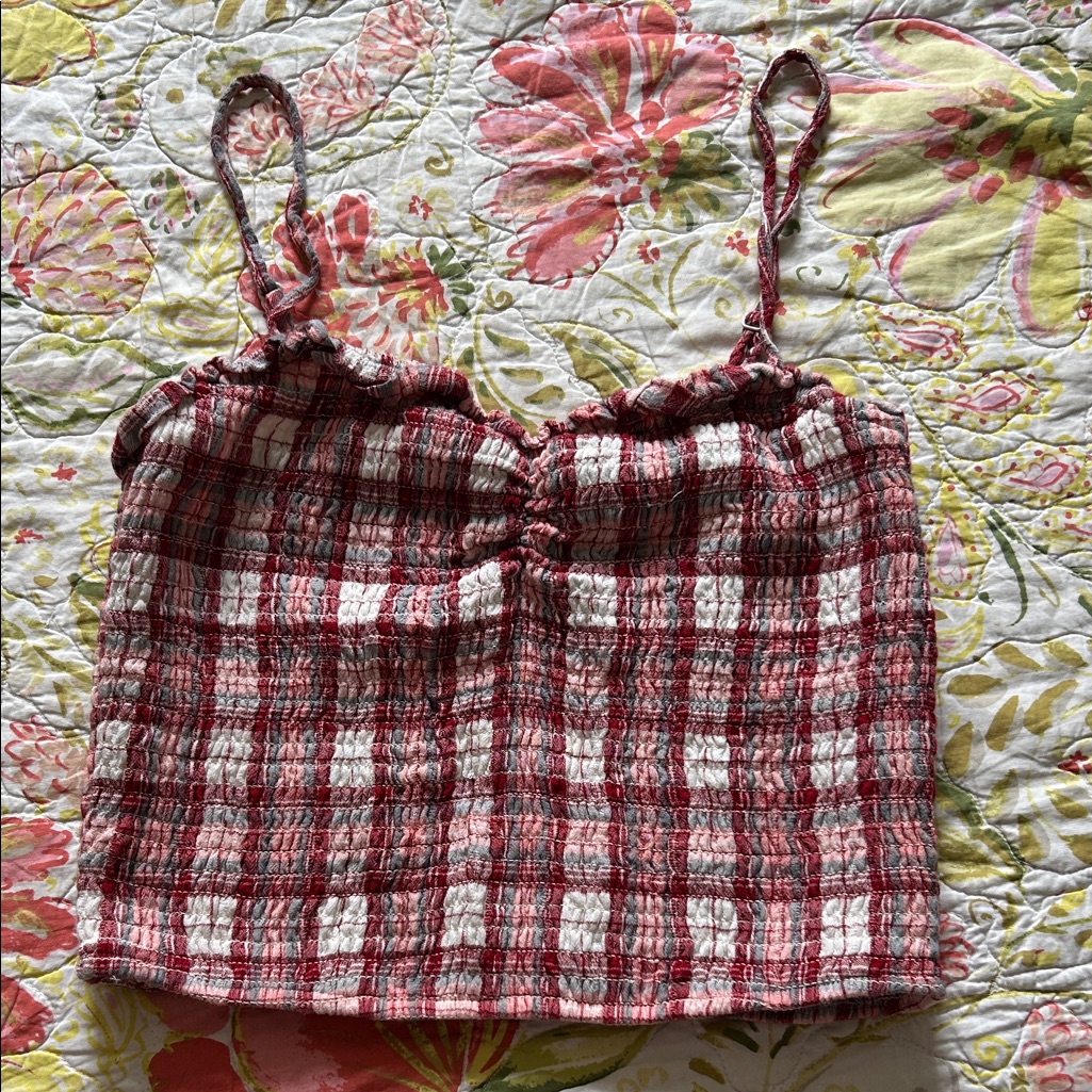 Ae Plaid Smocked Sweetheart Crop Top